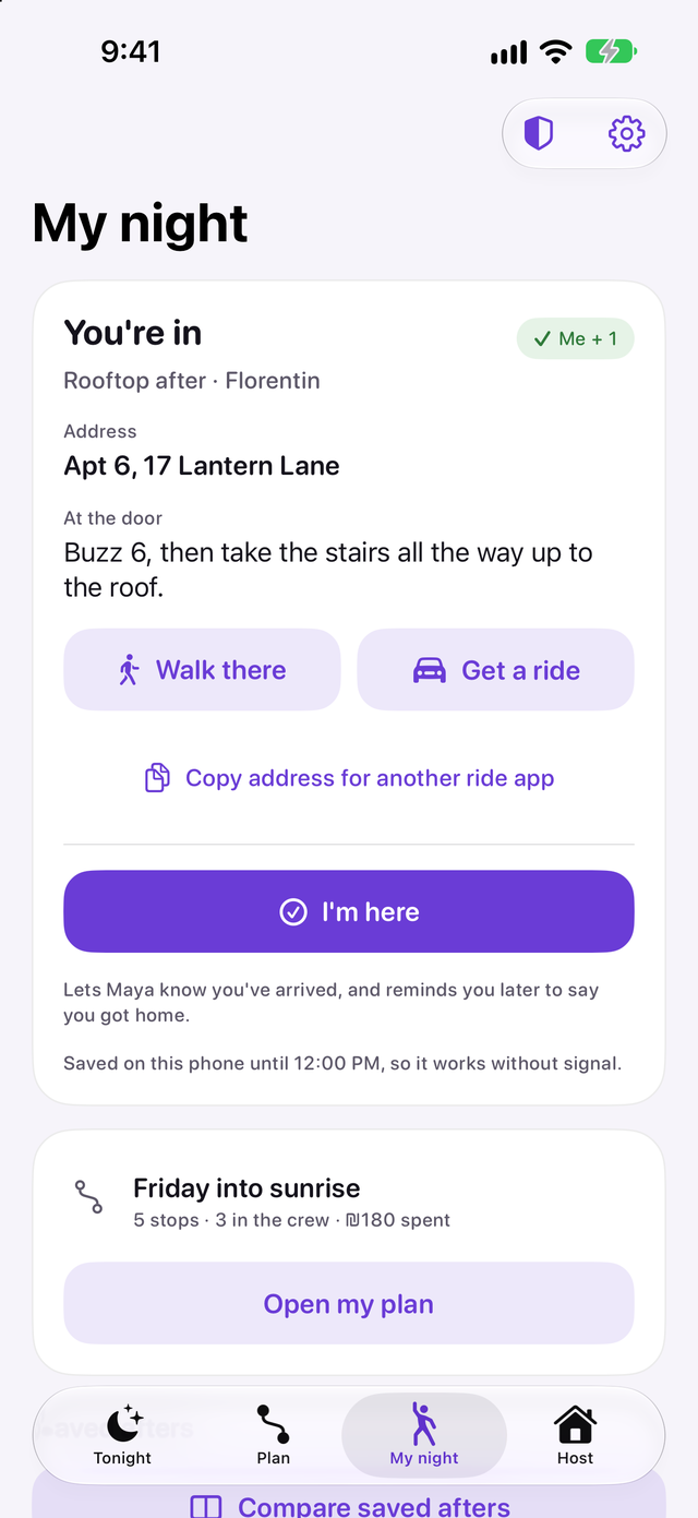 My night with an approved rooftop after, its address and door notes, walking and ride buttons and an I'm here button