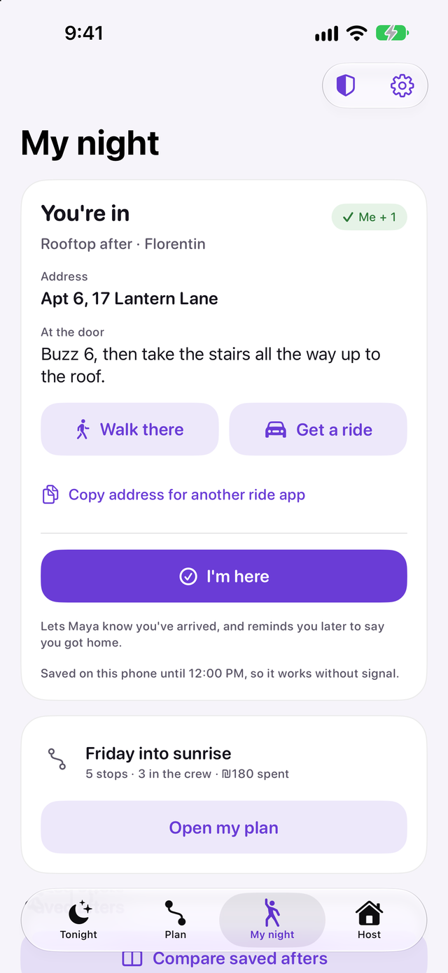 My night with an approved rooftop after, its address and door notes, walking and ride buttons and an I'm here button