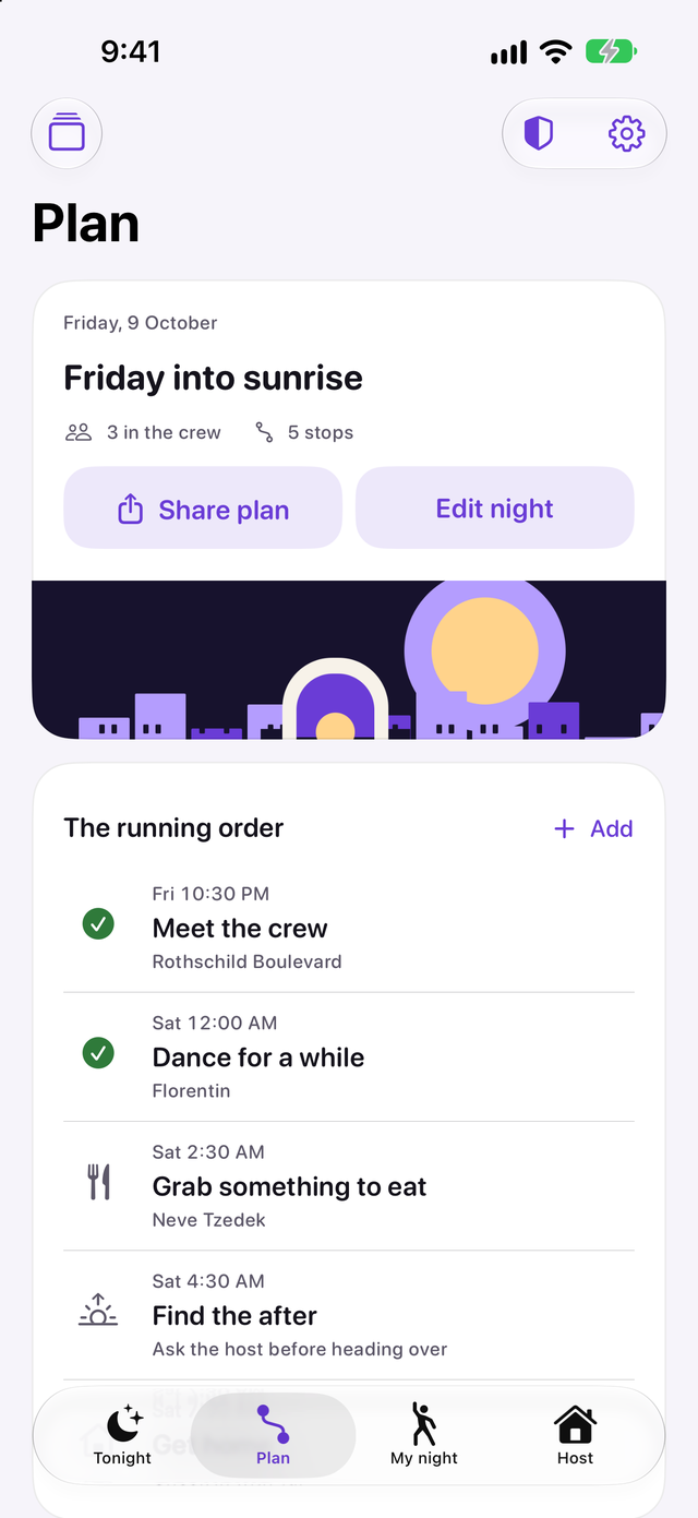 The Plan tab in AfterHours with a Friday night plan of five stops, from meeting the crew at 10:30 PM to finding the after at 4:30 AM