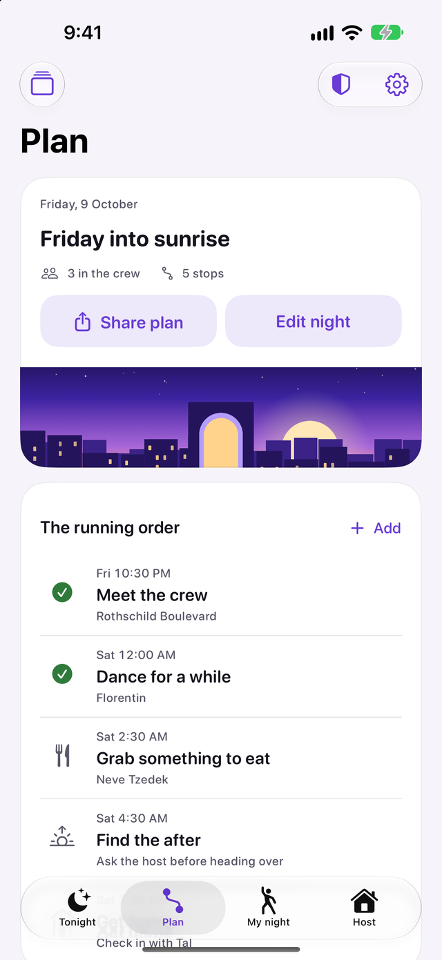 The Plan tab in AfterHours with a Friday night plan of five stops, from meeting the crew at 10:30 PM to finding the after at 4:30 AM
