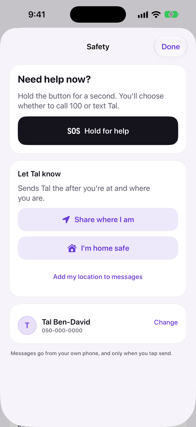 The Safety screen with a Hold for help button, Share where I am and I'm home safe buttons and a trusted friend
