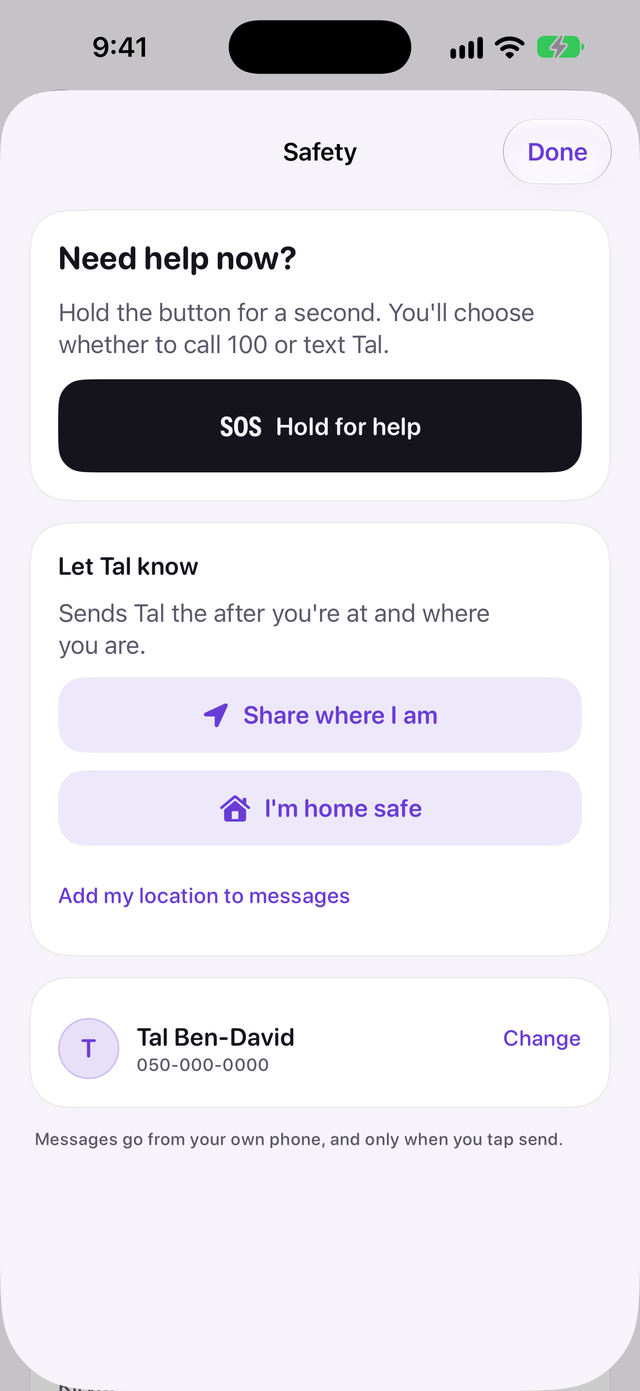 The Safety screen with a Hold for help button, Share where I am and I'm home safe buttons and a trusted friend