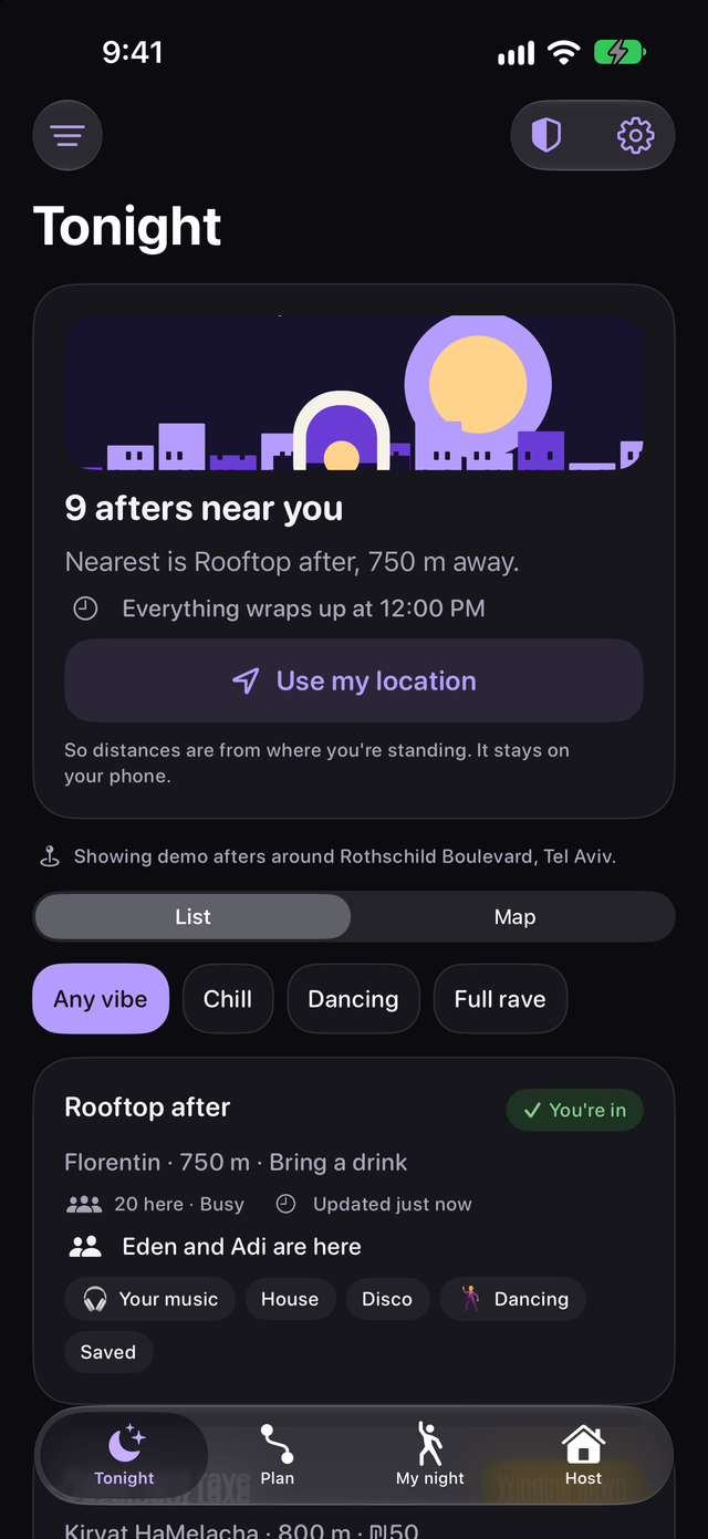 The Tonight tab in dark mode listing nine demo afters near Rothschild Boulevard, with vibe filters and a rooftop after 750 m away