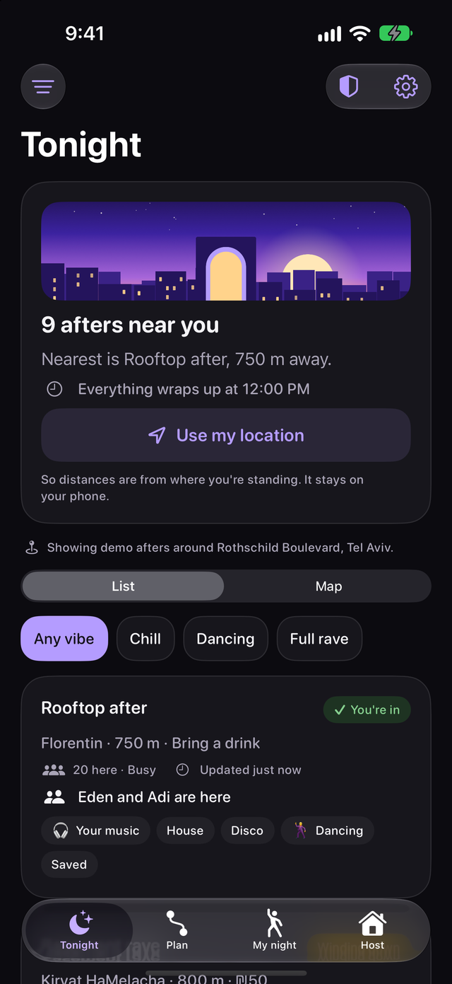 The Tonight tab in dark mode listing nine demo afters near Rothschild Boulevard, with vibe filters and a rooftop after 750 m away